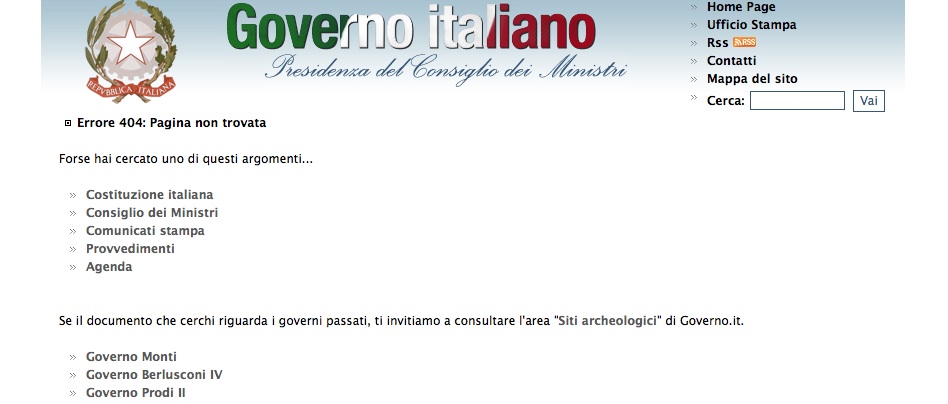 Errore 404 per il sito governo.it